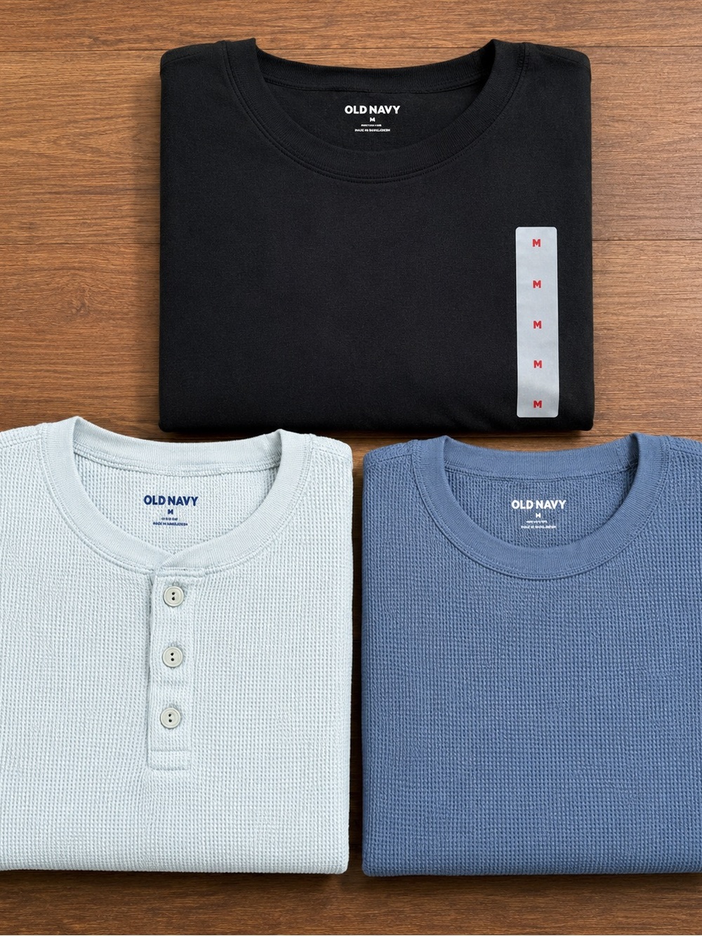 Old Navy Three-Pack Short-Sleeve Tees in Black, Light Blue, and Slate